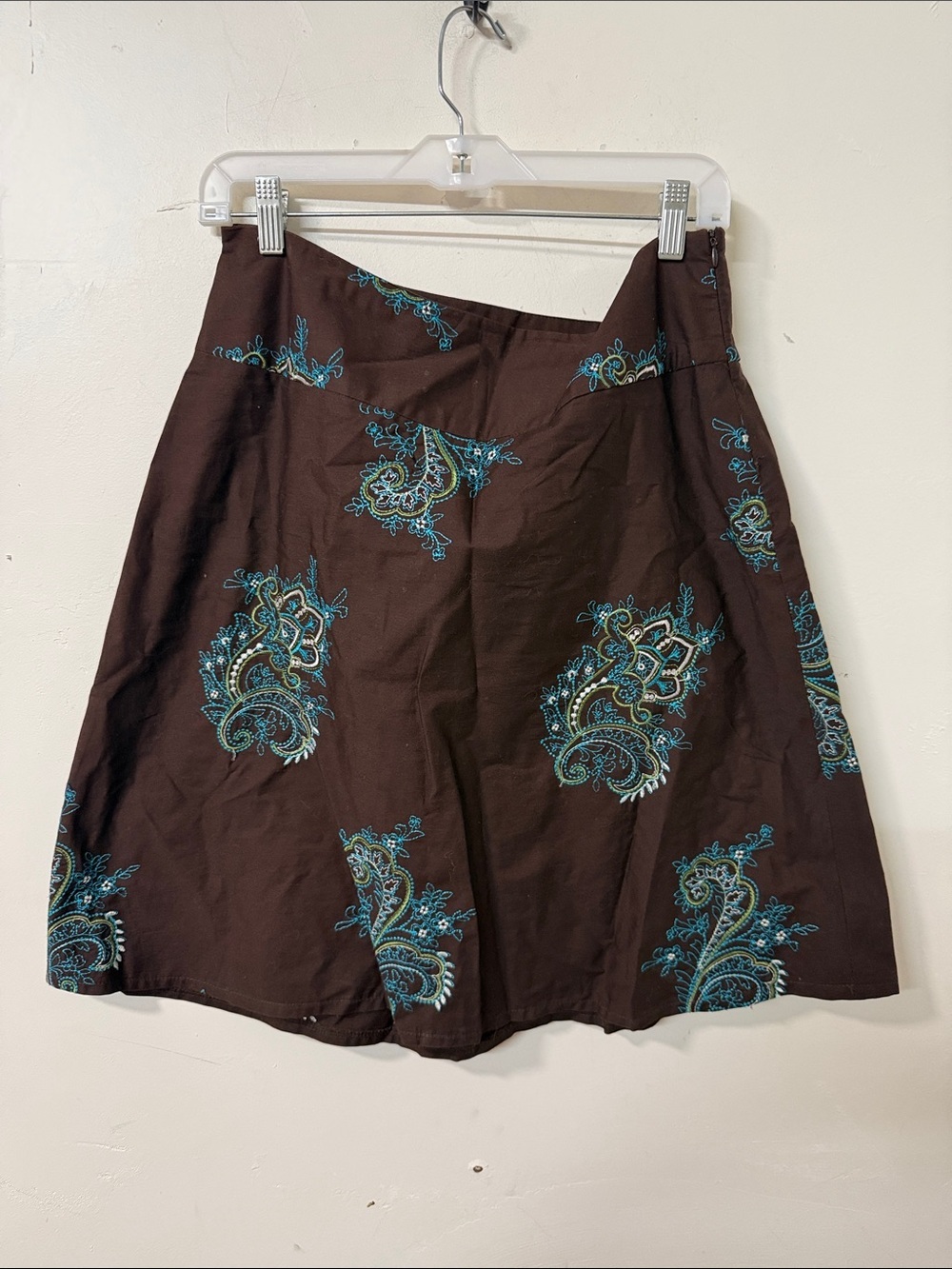 HeartSoul Brown A-Line Skirt with Teal Paisley Embroidery Y2K